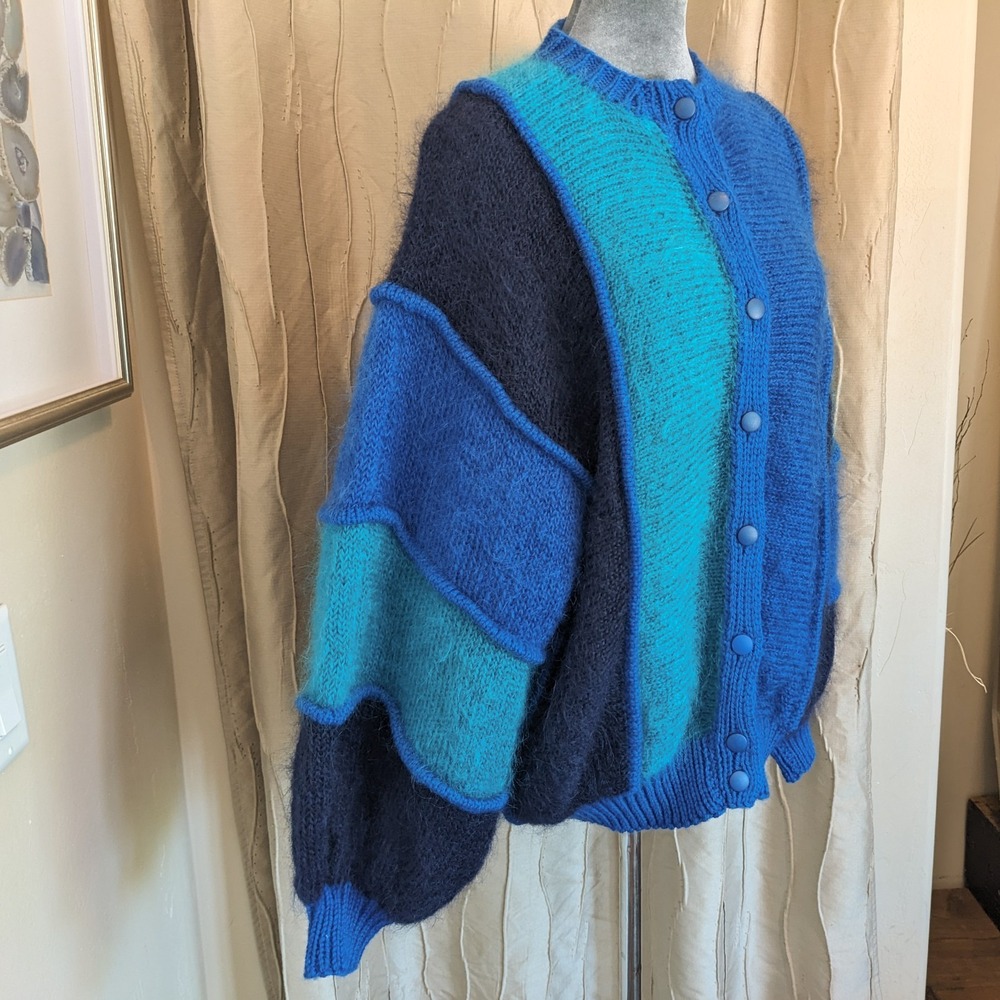 Vintage 80s Mohair Cardigan Sweater M/L Irish Colorblock Chunky Knit Oversized - Picture 3 of 14